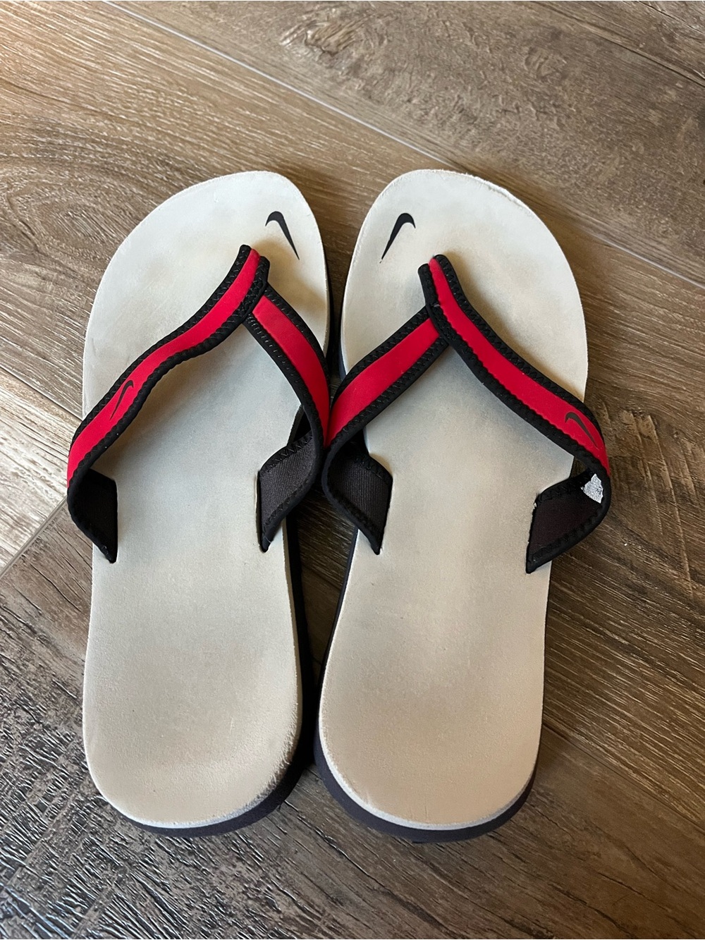Nike Red and Black Thong Flip Flops with Cream Footbed